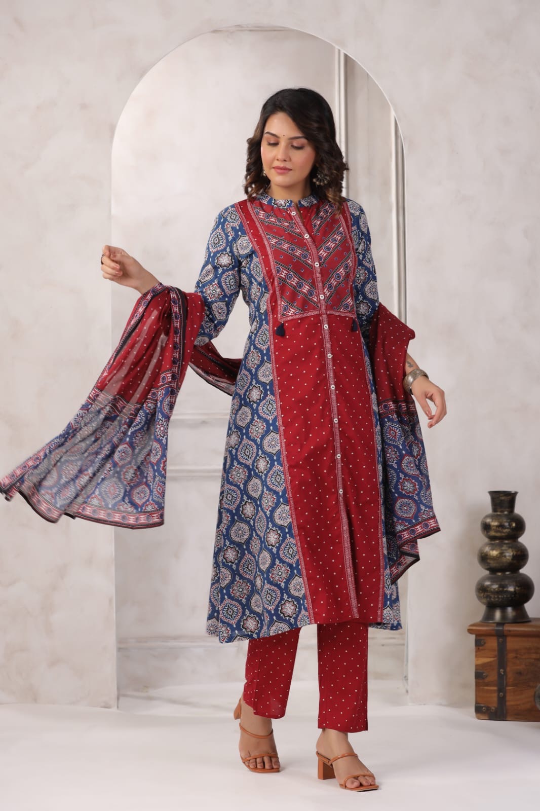 Dual Colour Ajrakh A line Suit set-Red & Navy Blue Colour