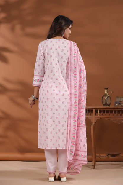 Phool Pocket Pure Cotton Pleated Suit set-Pink Colour