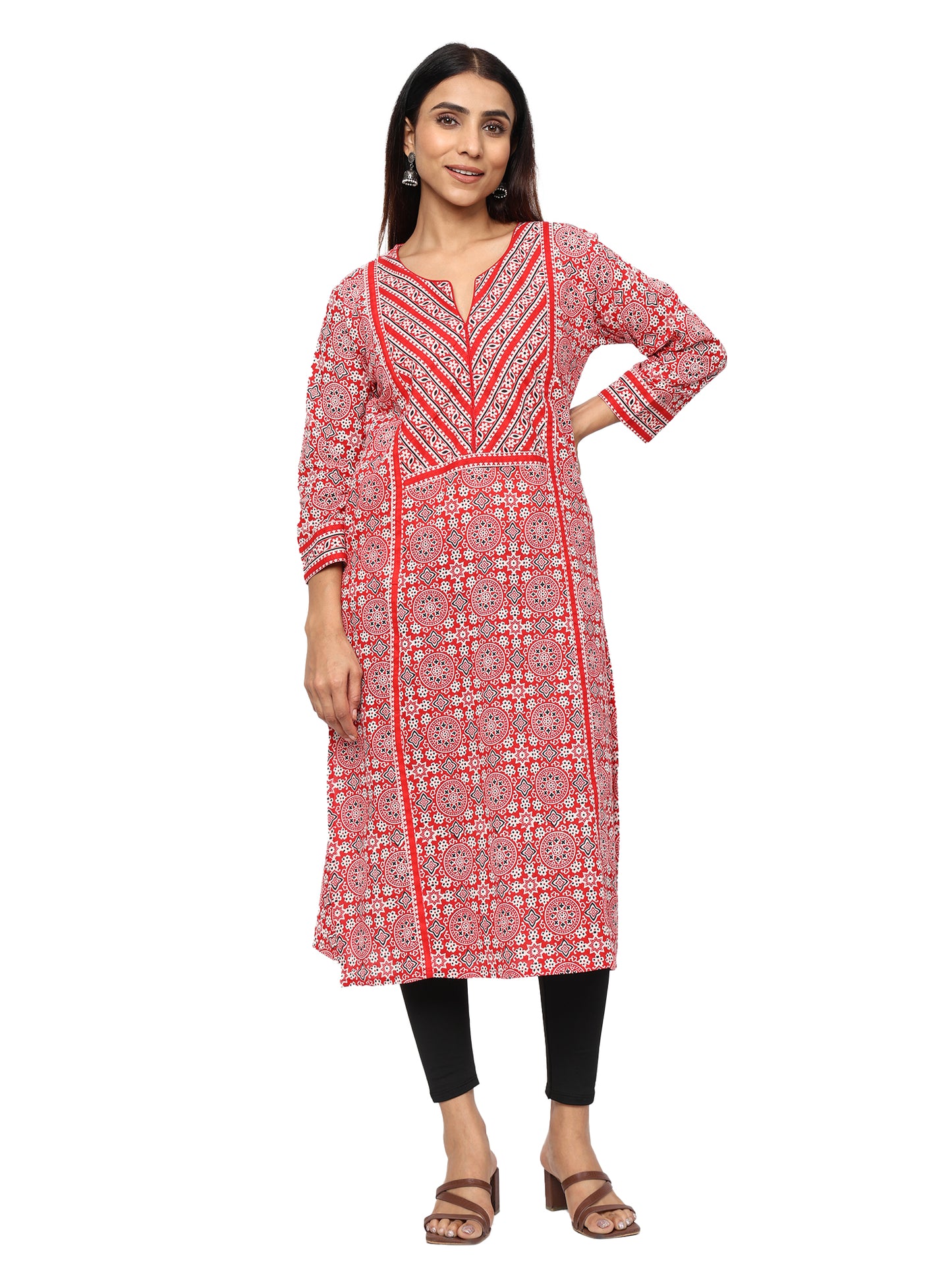 Designer Patch Work Ajrakh Print Kurti in Pure Cotton-Red