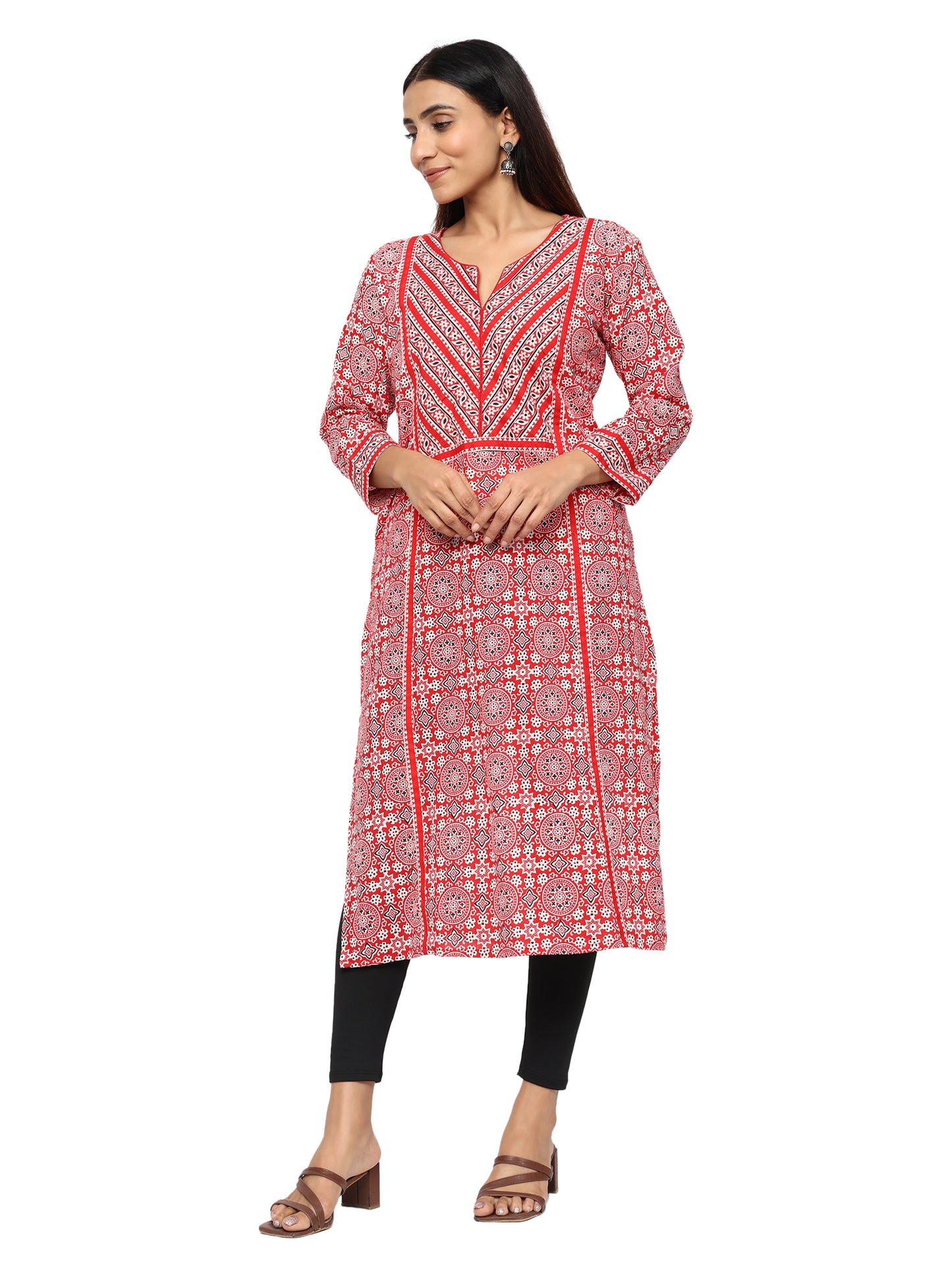 Designer Patch Work Ajrakh Print Kurti in Pure Cotton-Red