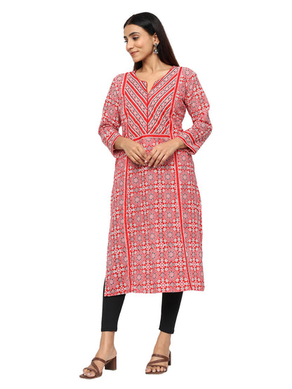 Designer Patch Work Ajrakh Print Kurti in Pure Cotton-Red