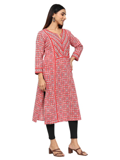 Designer Patch Work Ajrakh Print Kurti in Pure Cotton-Red