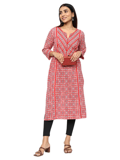 Designer Patch Work Ajrakh Print Kurti in Pure Cotton-Red