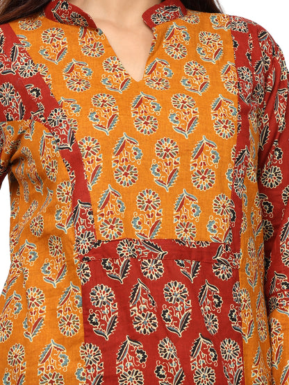 Princess Line Kurti in Pure Cotton-Maroon Mustard