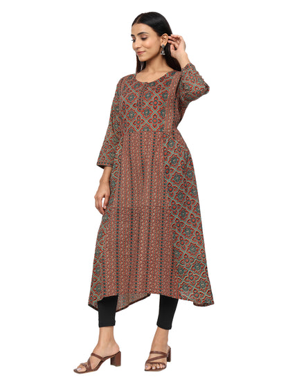 Designer Aline Kurti with mutiple fabric patching-Maroon Green Colour