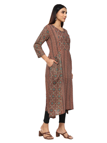 Designer Aline Kurti with mutiple fabric patching-Maroon Green Colour
