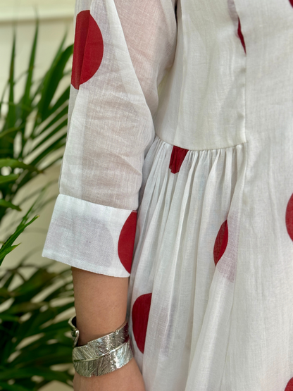 Premium Mul Cotton Polka Dot Suit Set-White/Red Colour