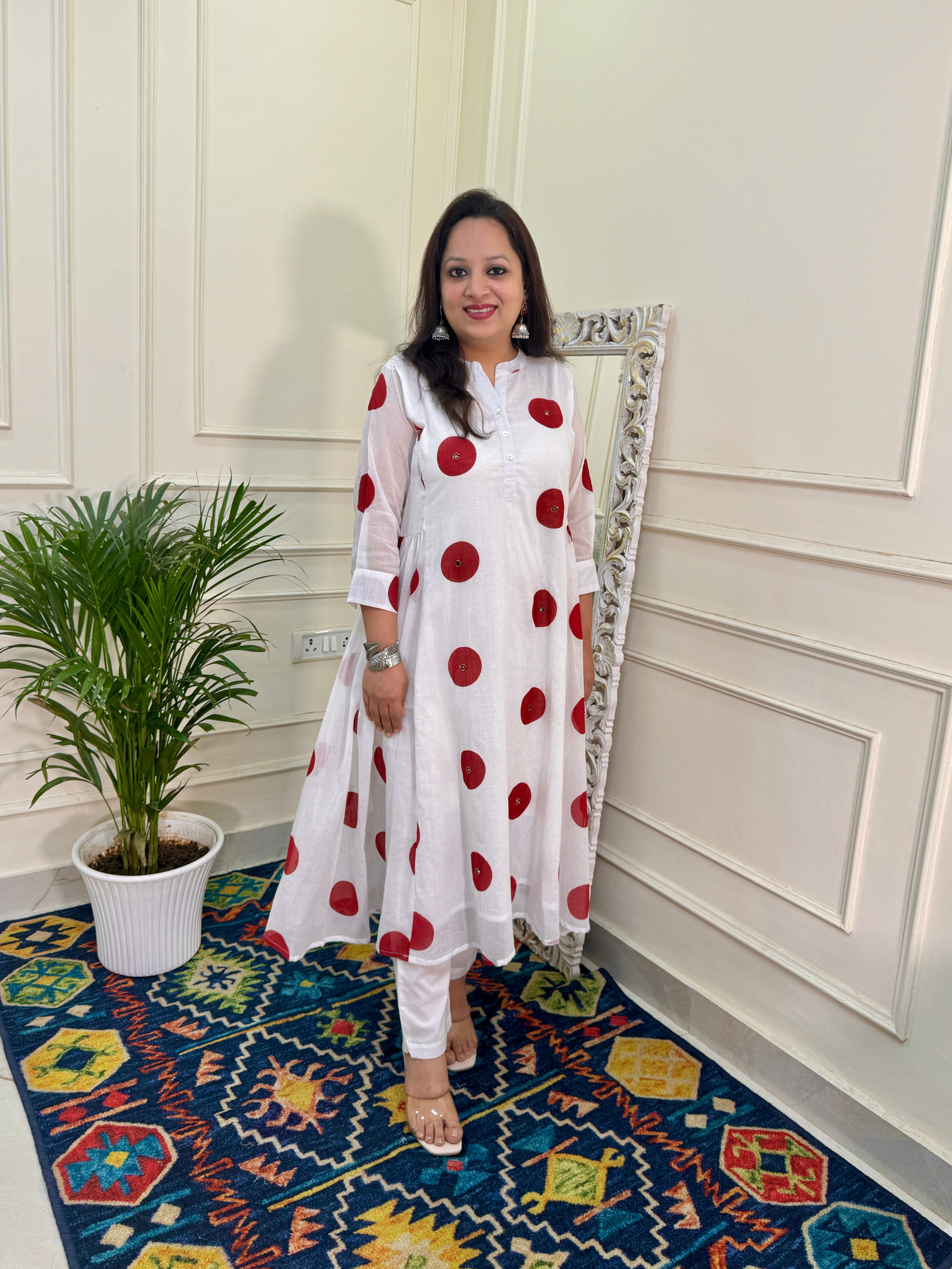 Premium Mul Cotton Polka Dot Suit Set-White/Red Colour