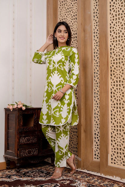 Khizan Print Coord Set In Premium Cotton-Green Colour