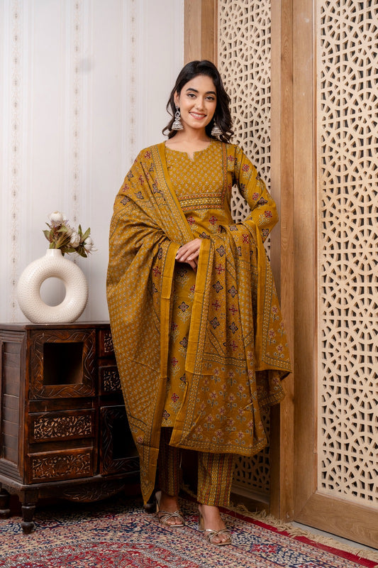 Zena premium Cotton Ajrakh Suit Set- Mustard