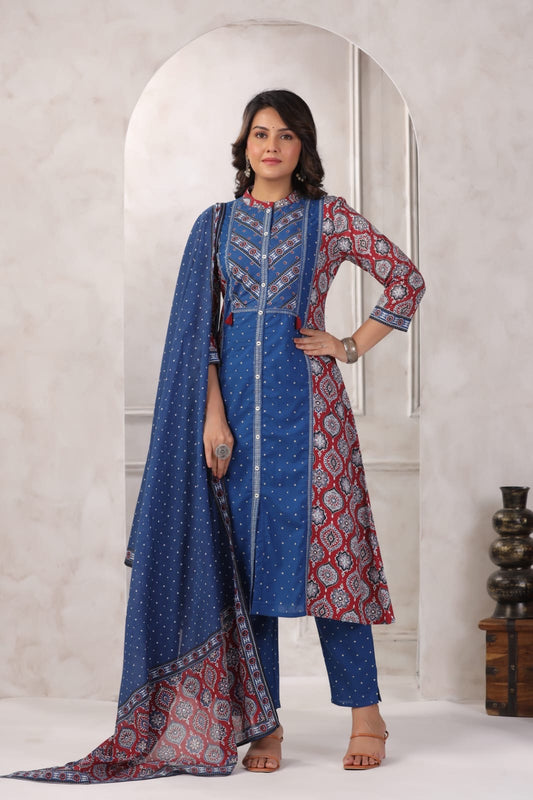 Dual Colour Ajrakh A line Suit set-Navy Blue & Red Colour