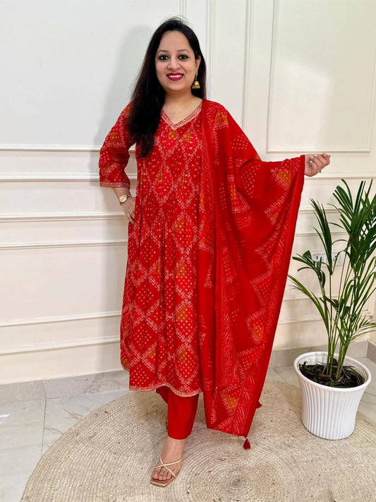 Bandhani Print Premium Modal Suit Set-Red Colour