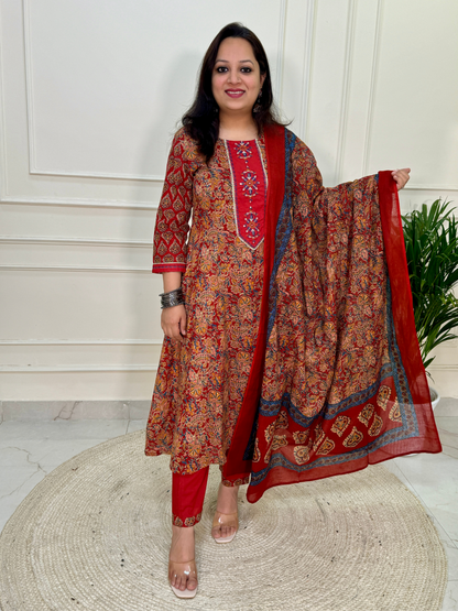 Kalamkari Anarkali Suit set-Red Colour