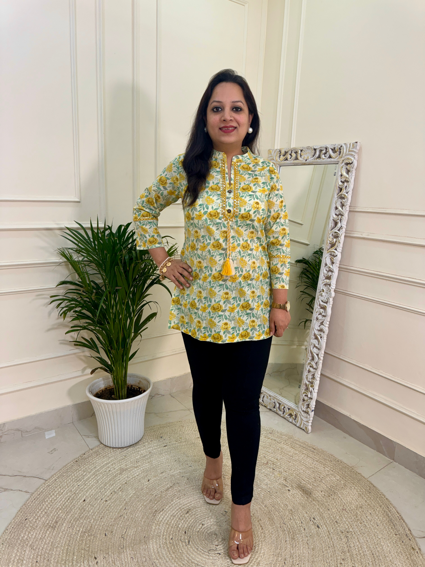 Lime Yellow Rose Print Short Kurti for Jeans