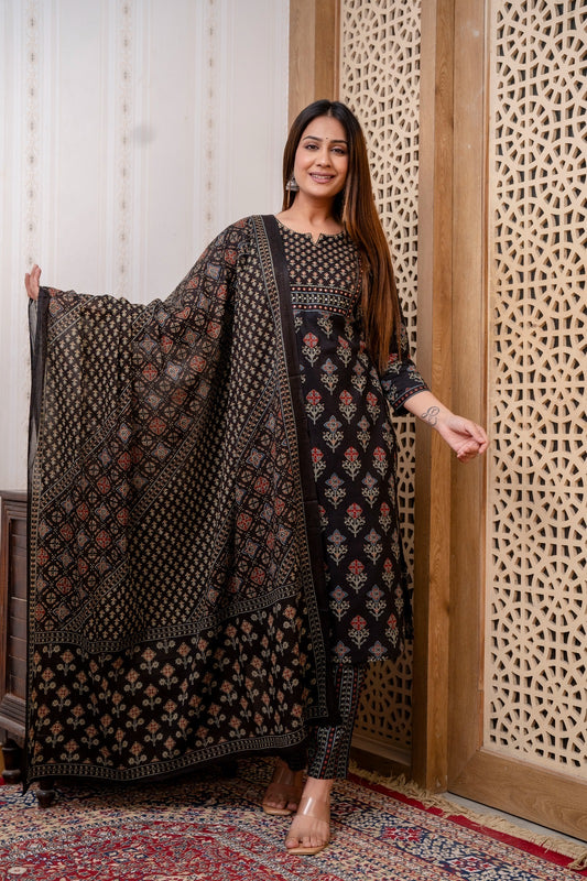 Zena premium Cotton Ajrakh Suit Set- Black