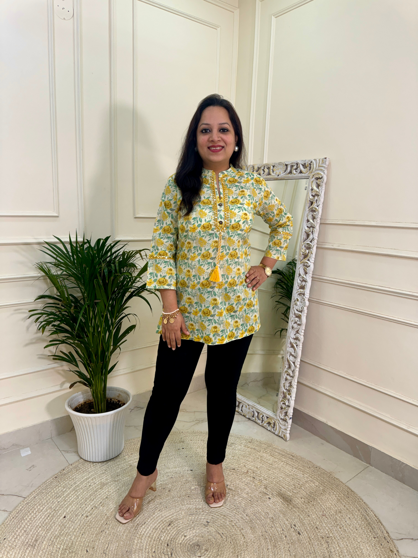 Lime Yellow Rose Print Short Kurti for Jeans