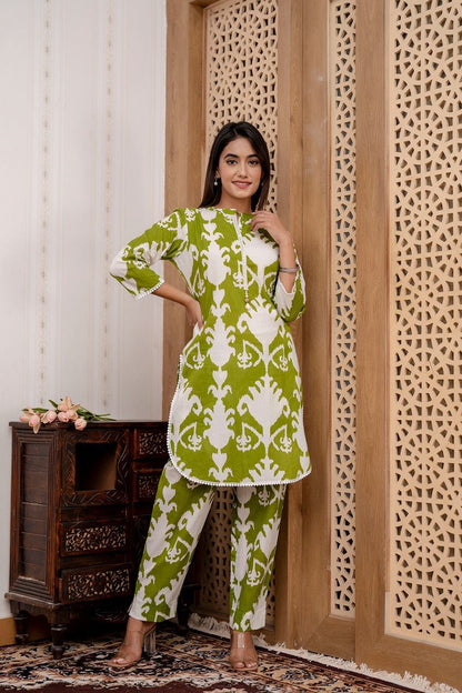 Khizan Print Coord Set In Premium Cotton-Green Colour