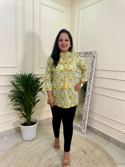 Lime Yellow Rose Print Short Kurti for Jeans