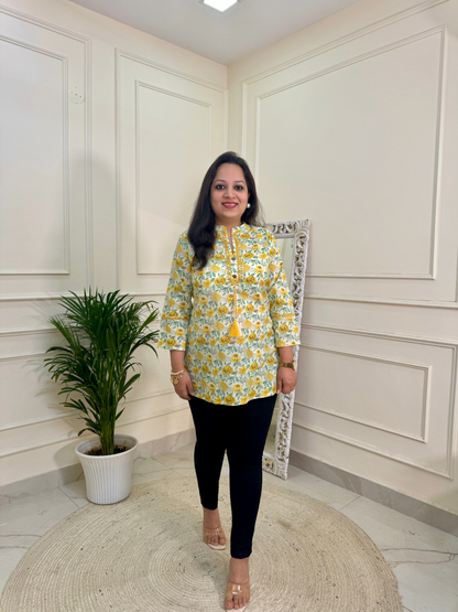 Lime Yellow Rose Print Short Kurti for Jeans