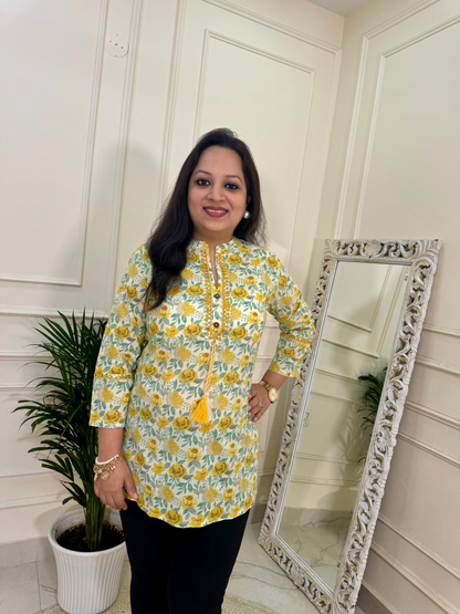 Lime Yellow Rose Print Short Kurti for Jeans