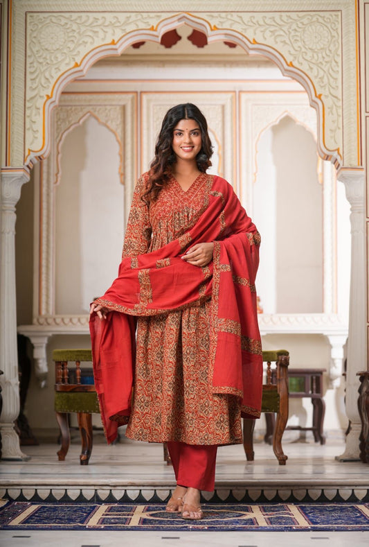 Farhat Kalamkari Alia Cut Suit set-Red Colour