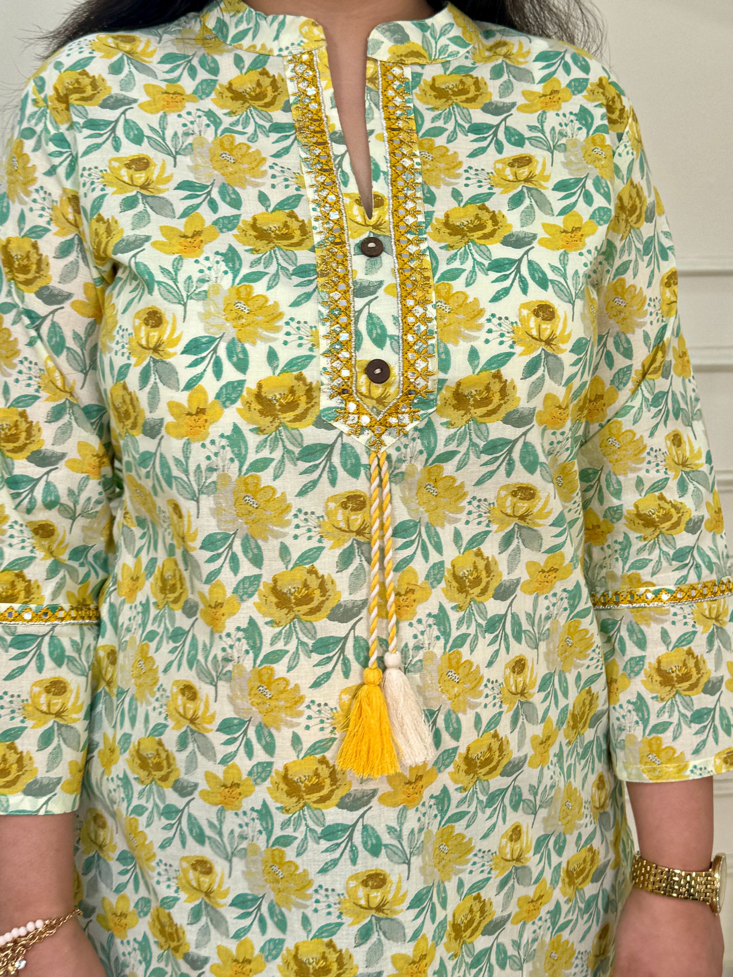 Lime Yellow Rose Print Short Kurti for Jeans