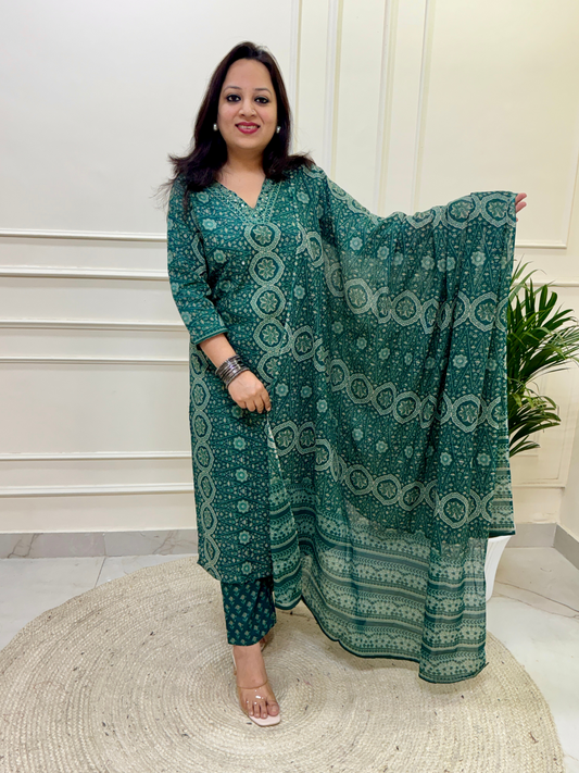 Ajrakh Print Suit Set-Green Colour