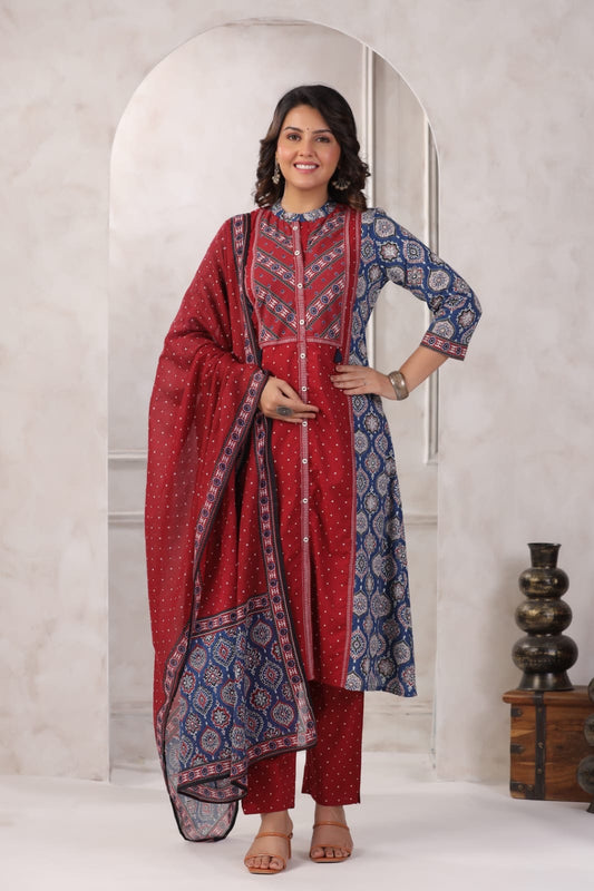 Dual Colour Ajrakh A line Suit set-Red & Navy Blue Colour