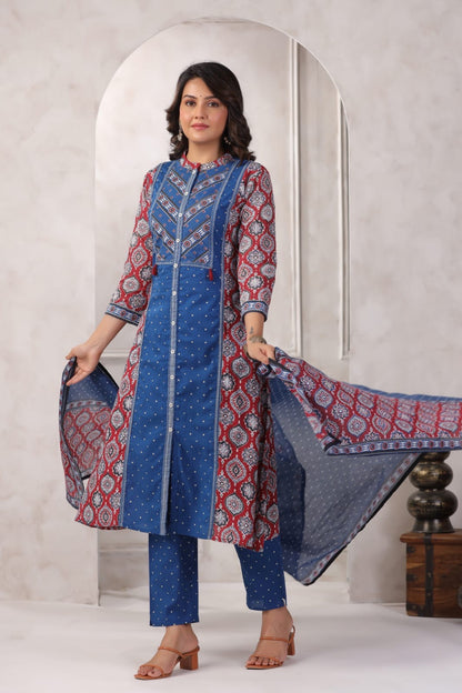 Dual Colour Ajrakh A line Suit set-Navy Blue & Red Colour