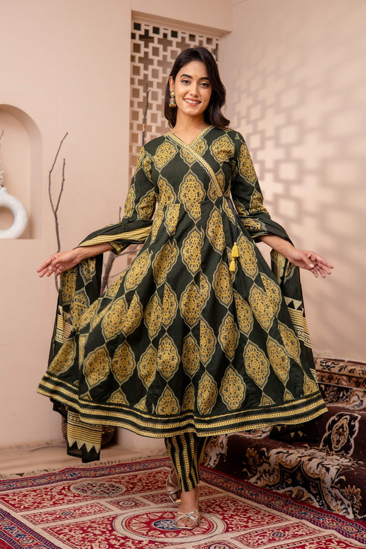 Zena Ajrakh Anarkali Suit set- Green Colour