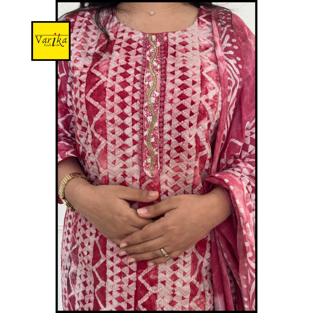 Pure Dobby Cotton with Baatik Print 3 pc Suit- Red colour