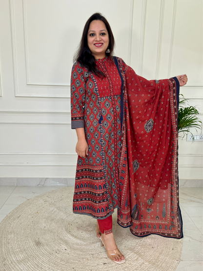 Ajrakh A line Suit set-Red Colour