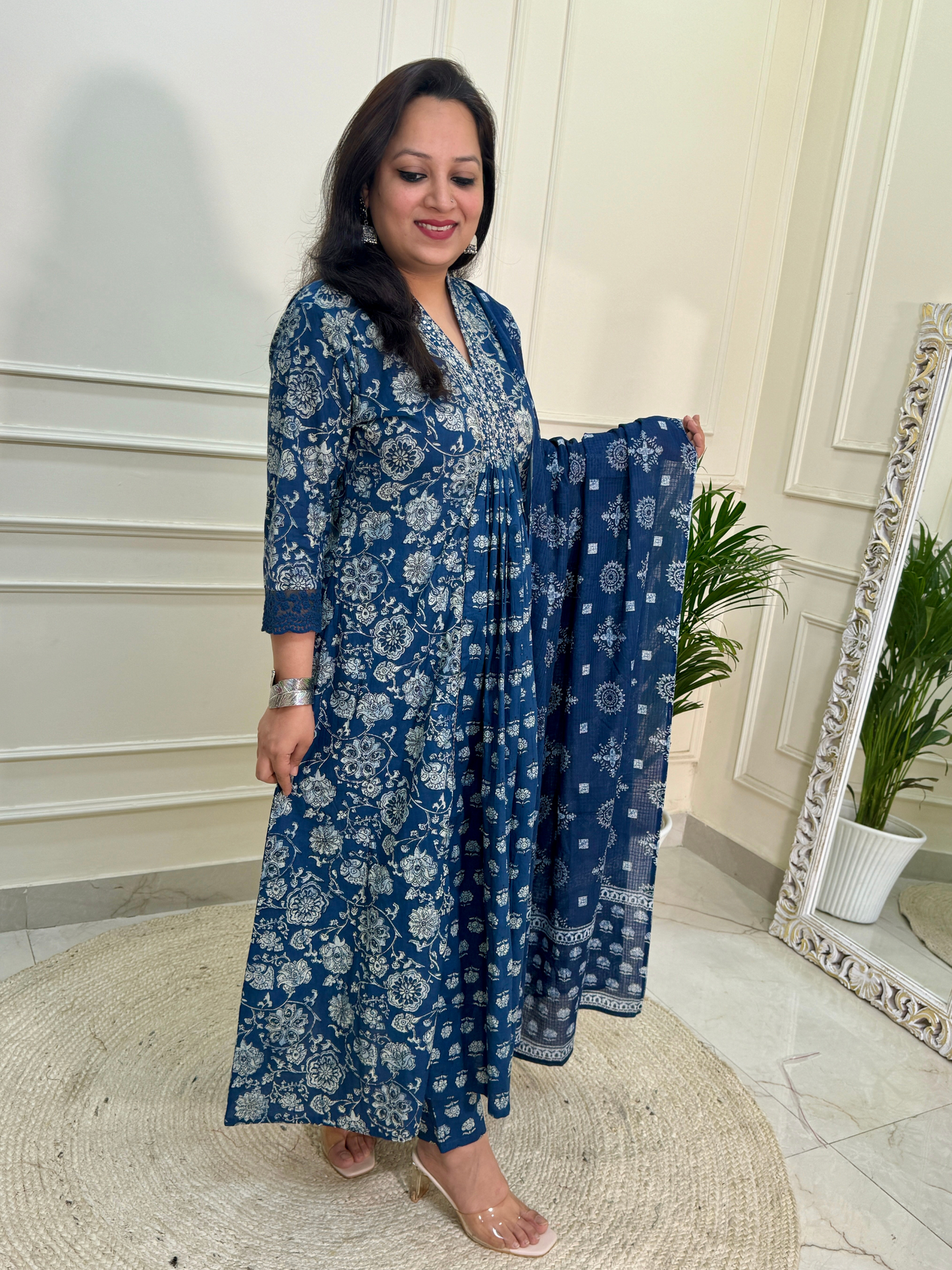 Nazma A line Suit set with lace work sleeves-Indigo Colour