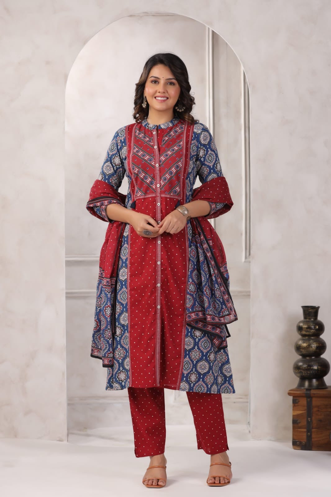 Dual Colour Ajrakh A line Suit set-Red & Navy Blue Colour