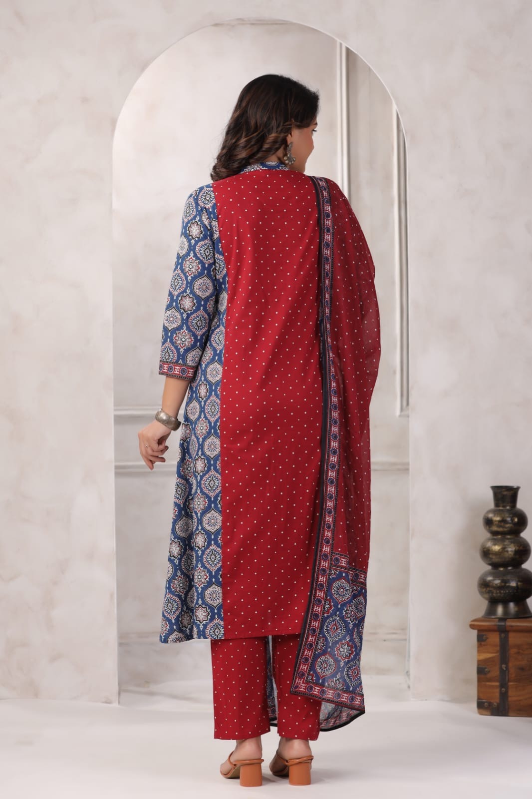 Dual Colour Ajrakh A line Suit set-Red & Navy Blue Colour