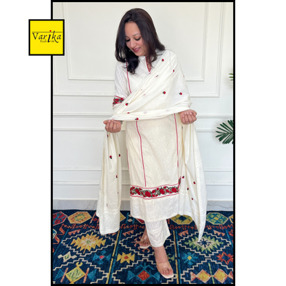 Pure Cotton Pleated Fabric 3 pc Suit Set with Floral Thread Embroidery on the Kurta and Dupatta- Cream