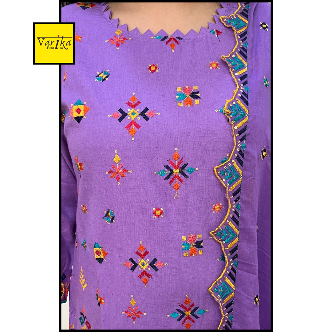 Cotton Flex Embroidered 3 Piece Suit with Embroidered Dupatta Lavender Colour