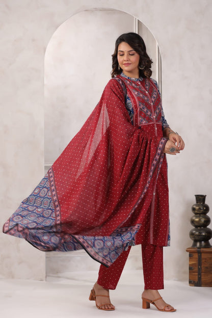 Dual Colour Ajrakh A line Suit set-Red & Navy Blue Colour