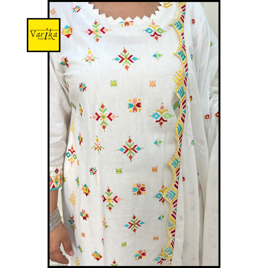 Cotton Flex Embroidered 3 Piece Suit with Embroidered Dupatta White colour