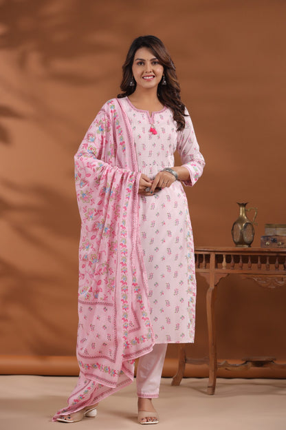 Phool Pocket Pure Cotton Pleated Suit set-Pink Colour