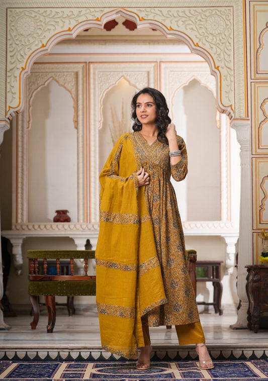 Farhat Kalamkari Alia Cut Suit set-Mustard Colour