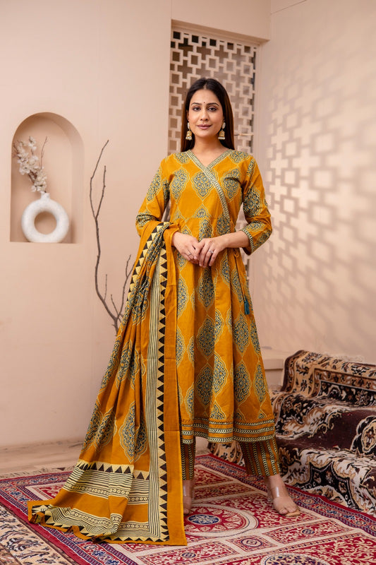 Zena Ajrakh Anarkali Suit set- Mustard Colour