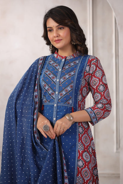 Dual Colour Ajrakh A line Suit set-Navy Blue & Red Colour