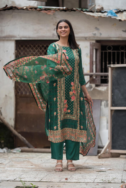 Pure Dola Silk Zari Weaved Suit Set with light embroidery-Dark Green Colour