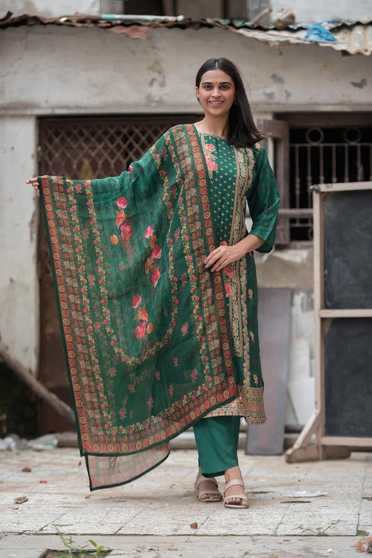 Pure Dola Silk Zari Weaved Suit Set with light embroidery-Dark Green Colour