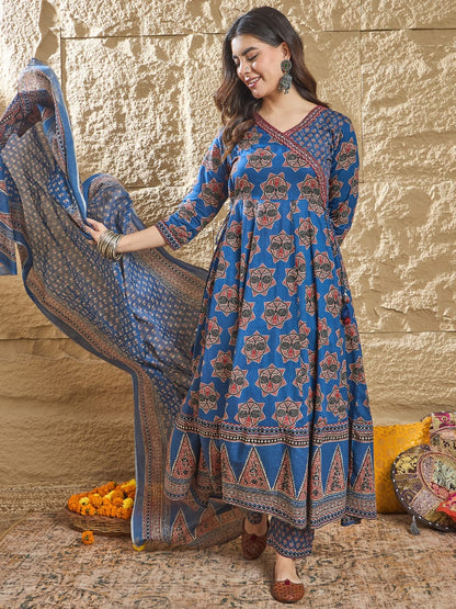 Ajrakh Print Anarkali Suit set-Blue Colour