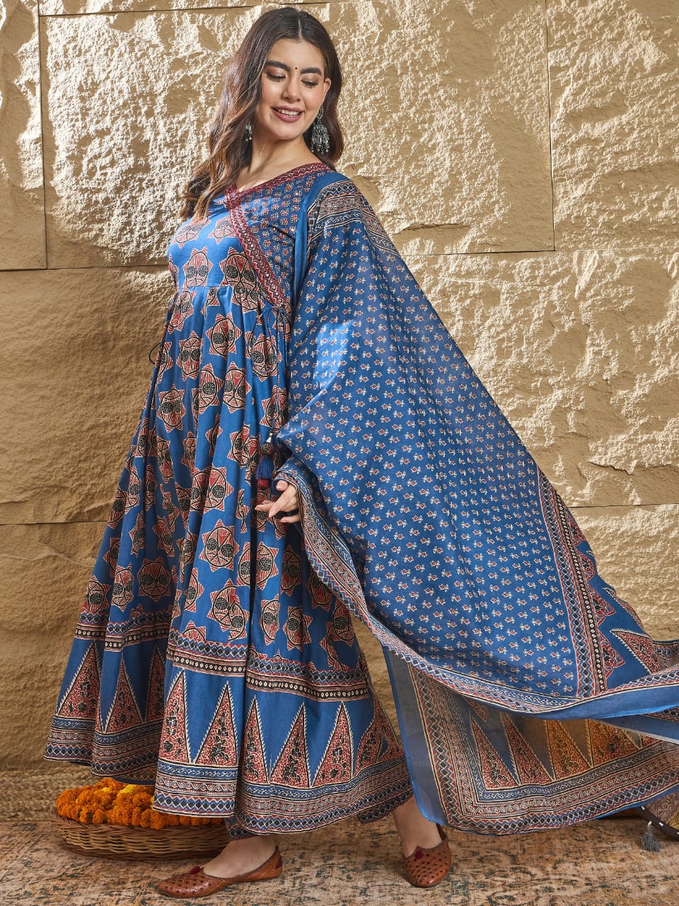 Ajrakh Print Anarkali Suit set-Blue Colour