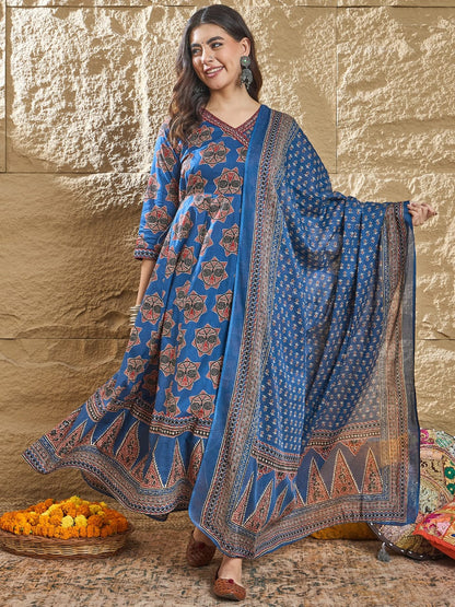 Ajrakh Print Anarkali Suit set-Blue Colour