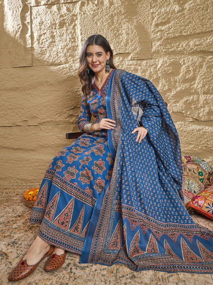 Ajrakh Print Anarkali Suit set-Blue Colour