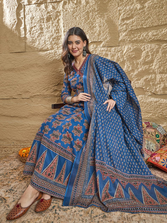 Ajrakh Print Anarkali Suit set-Blue Colour